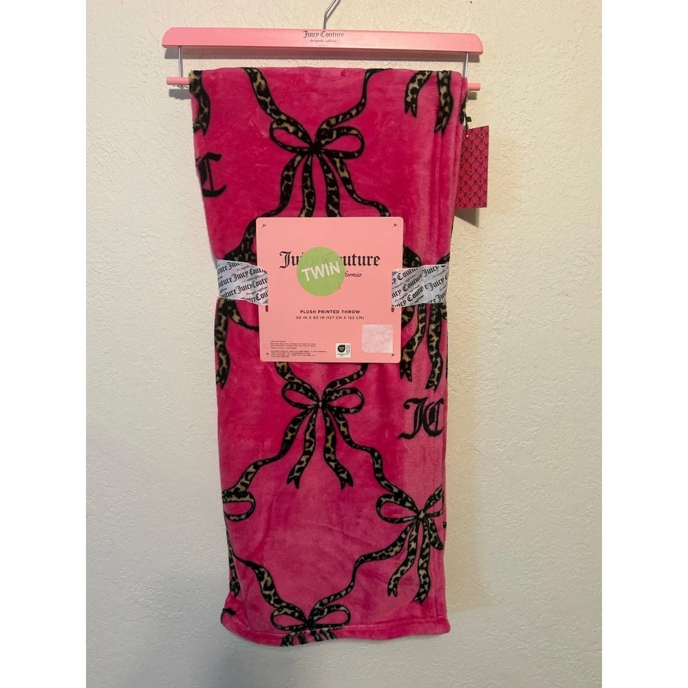Juicy Couture Pink Leopard Bow Plush Printed Throw Blanket 50x60 Twin NWT